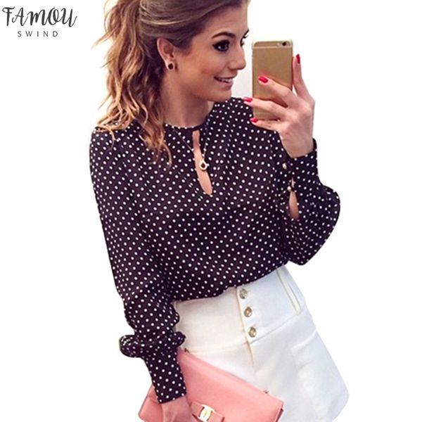 

long sleeve slit open women blouse chiffon hollow casual shirt women blusas bluse polka dots shirt top, White