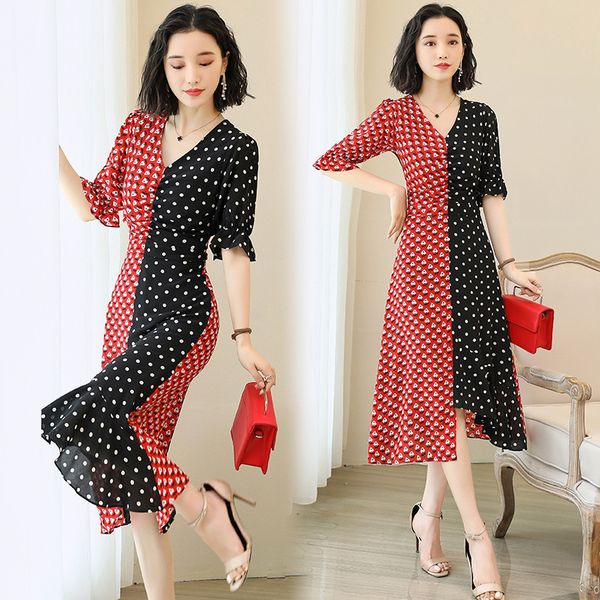 

2019 france niche hull basis irregular wave point split joint temperament thin dress woman summer, White;black