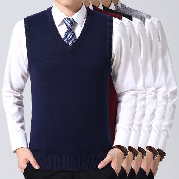 

oeak knitted pullover men v-neck sleeveless formal business pull homme casual solid sweater men thin classic sweaters vest, White;black