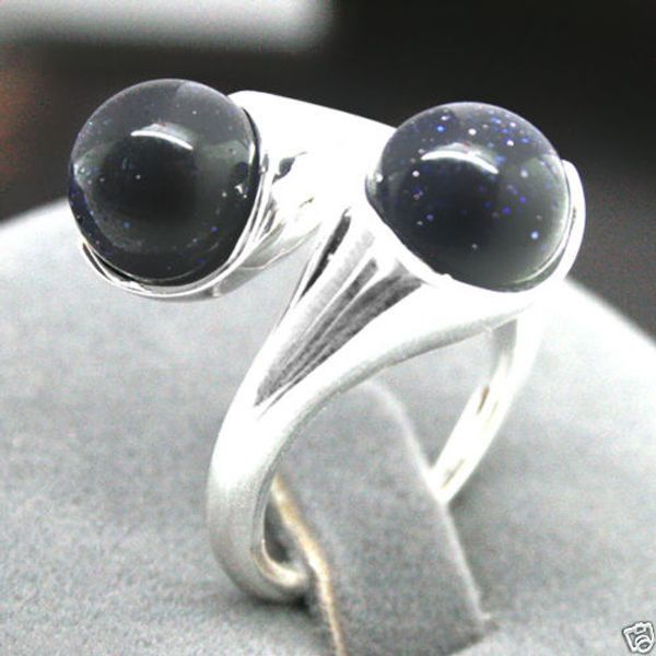 

natural 6mm blue sand jade gems 925 sterling silver ring size adjustable, Golden;silver