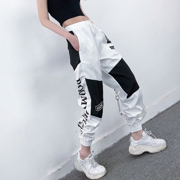 

high waist letter spliced cargo pants women loose harajuku bf ankle-length overalls pants plus size hip hop women's sports pant, Black;white