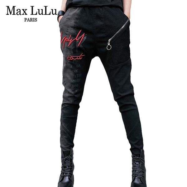 

max fashion korean style girls punk harem pants womens embroidery skinny jeans black stretch woman denim trousers plus size, Blue