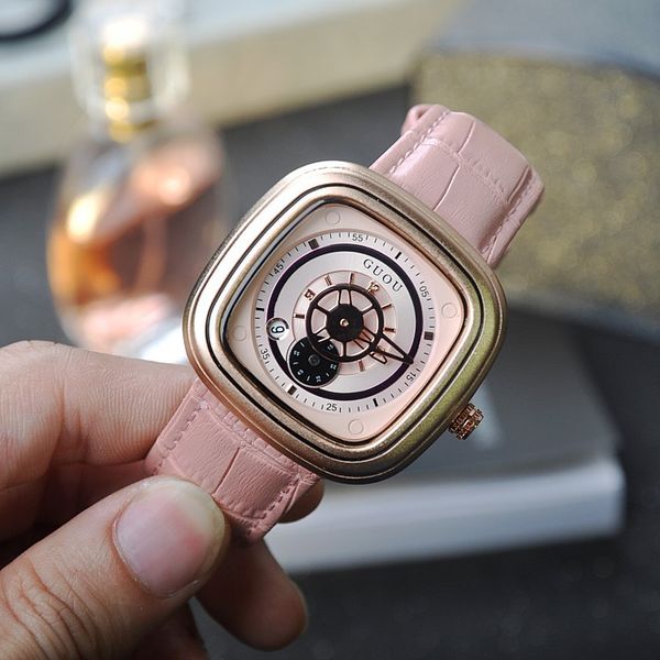 

fashion unique square seconds dial ladies watches personality leather strap rose gold case calendar retro quartz women's watches, Slivery;brown