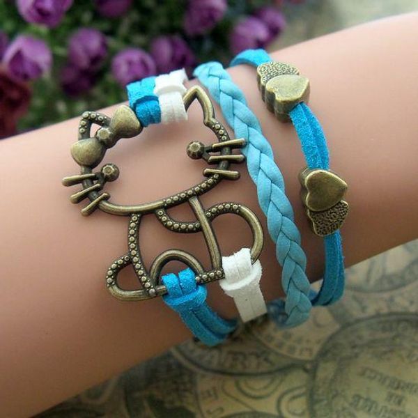

bronze kitty cat heart fashion bracelets velvet cords leather handmade jewelry for men and women hy3298, Golden;silver