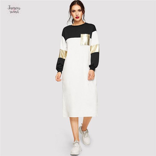 

pocket patched metallic midi dresses panel spring women dress colorblock streetwear casual long sleeve regular fit, Black;gray