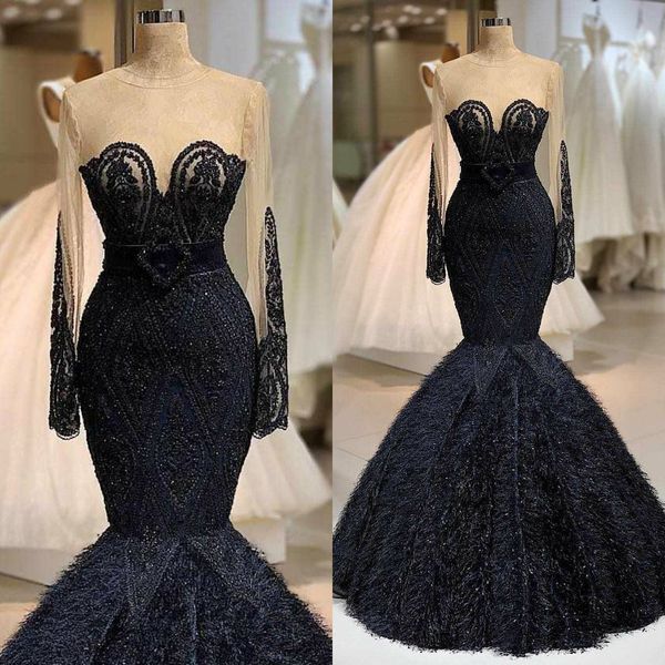 

2020 luxury mermaid arabic evening dresses jewel neck beaded feather floor length long sleeve prom dress formal party wear, Black