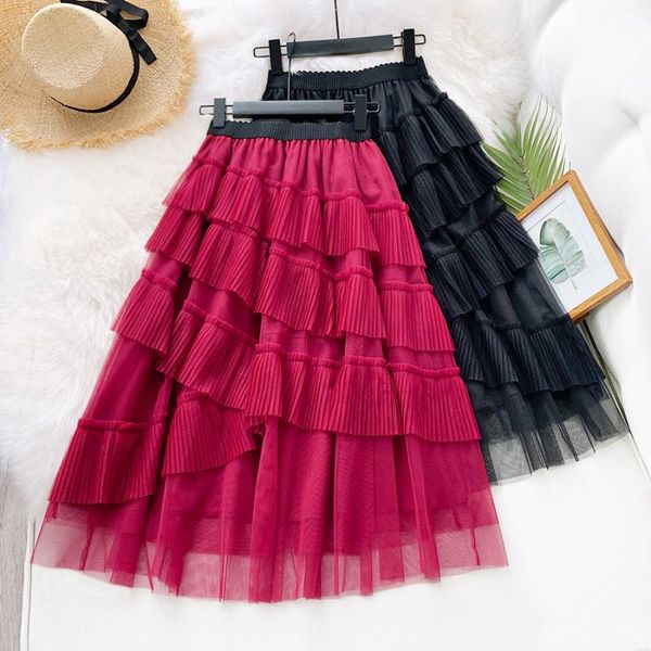 

skirts summer womens rose red black skirt cake irregular ruffle long midi tulle patchwork pleated jupe longue femme
