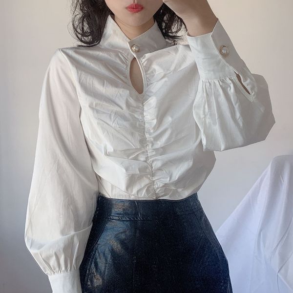 

женщины жемчужная кнопка шикарная белая рубашка блузка со складками детали, White