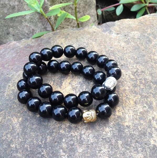 SN0366 Natural Pedra Moda 12 milímetros Preto Beads Pulseira Pedra Homens Mala Yoga Buddha pulseira natal jóias dom frete grátis