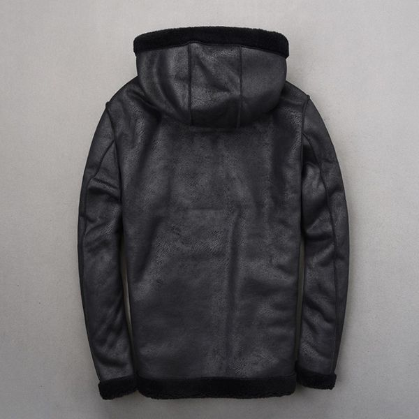 

brand hooded winter men buckskin sheep fur genuine leather jackets warm long sleeve casual real leather fur coats, Black