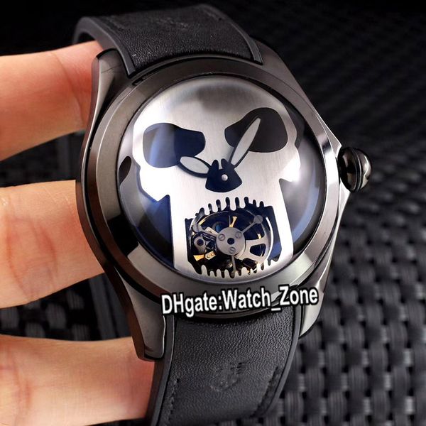 

new bubble pvd black steel case l390/03694 skull totem dial tourbillon automatic mens watch fisheye glass rubber strap watches watch_zone, Slivery;brown