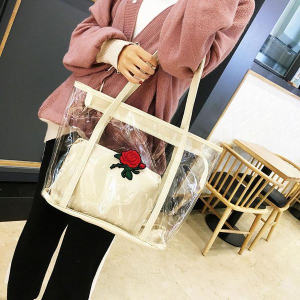 

2pcs women handbag transparent jelly shoulder bags for women 2020 embroidery flowers tote bags daily shopping beach handbags