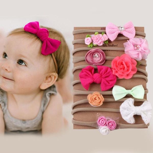 

10pcs kids girls hair clip floral bow pearl princess headband toddler baby girl elastic bowknot fresh style headwear accessories, Slivery;white