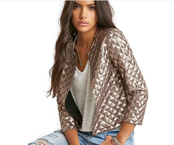

women fashion spring summer short jacket women gold sequins jackets three quater sleeve coats outwears plus size, Black;brown
