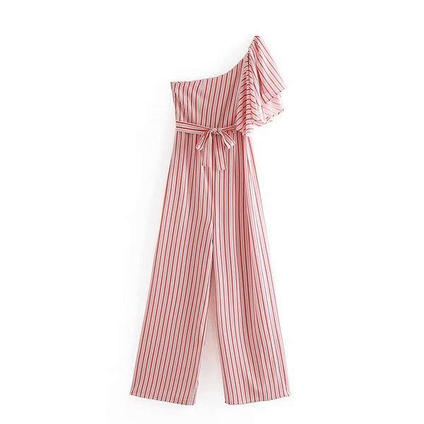 

2019 women laminated ruffles sleeve striped print bow tied sashes jumpsuits ladies one shoulder pants casual chic rompers, Black;white