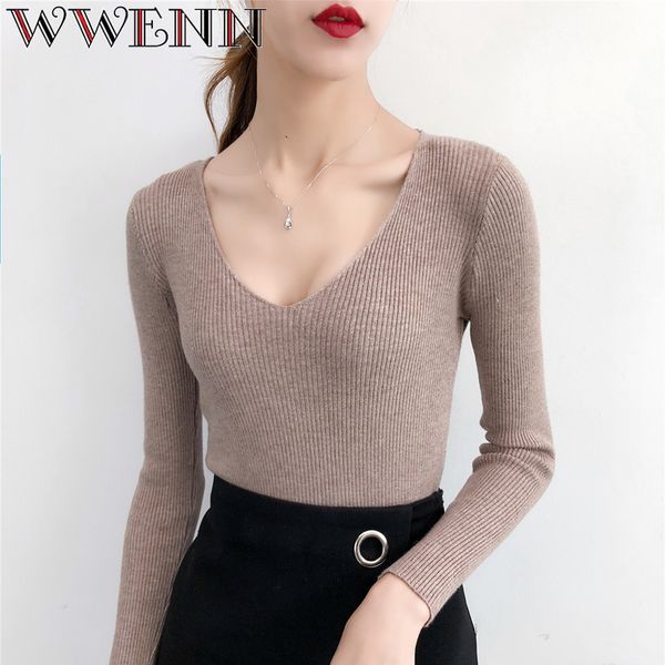 

pull femme deep v neck women sweaters and pullovers 2018 winter pink gray knitted warm jumper slim stretch sweater female, White;black