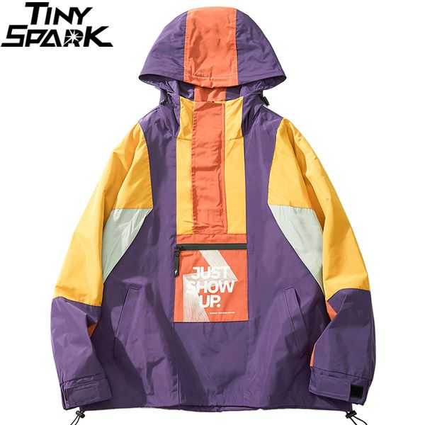 

2019 men harajuku hip hop jacket coat streetwear color block hooded windbreaker jacket retro patchwork zip track autumn, Black;brown