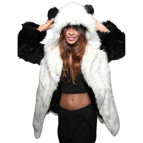 

faux fur jacket hooded with bear ear cute warm thick coat winter women long sleeve outerwear overcoat parka plus size 2x q1779, Black