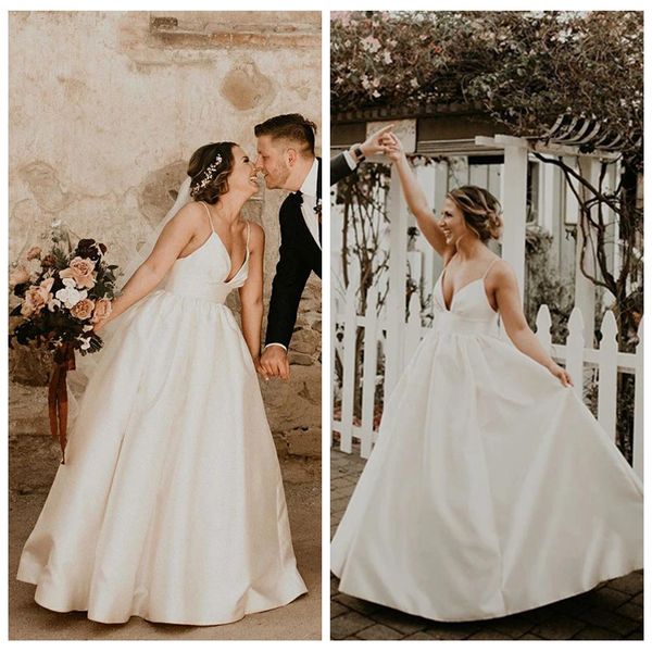 

charming spaghetti strap wedding dress bodice ivory wedding dress pleated skirt vintage wedding gowns vestidos de novia satin, White