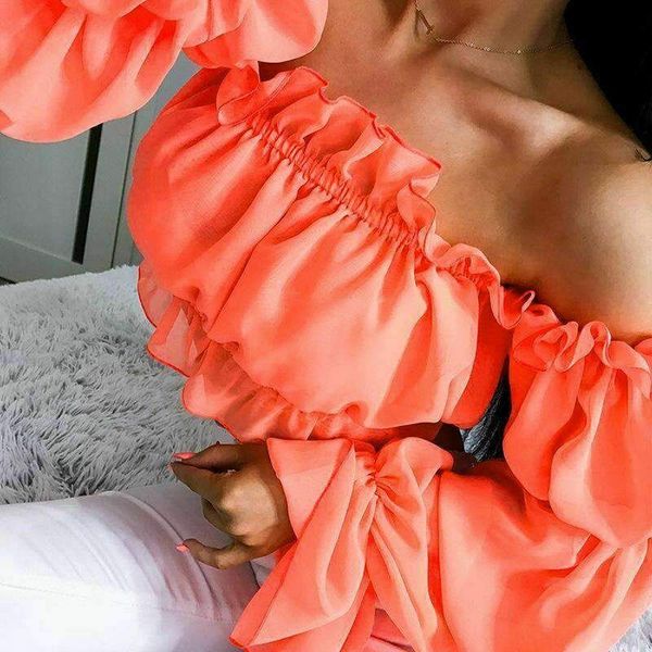 

women off shoulder ruffles trim slash neck chiffon summer long puff sleeve loose casual shirred waist cropped short t-shirt, White