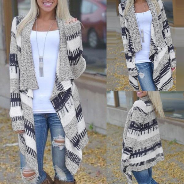 

women's sweater casual long sleeve cardigan autumn striped loose outwear cardigans outdoor turn-down collar sweater g5, Tan;black