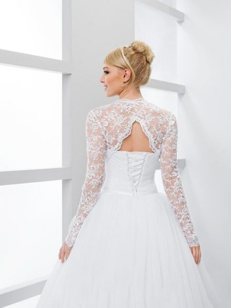 Giacche da sposa in pizzo Bolerico nuziale a maniche lunghe in avorio bianco a scialle da sposa corto per abito da sposa festa da sera201m