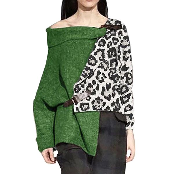 

womens off-shoulder stitching irregular word collar blouses long sleeve leather buckle warm lady's shirt leopard 2020, White
