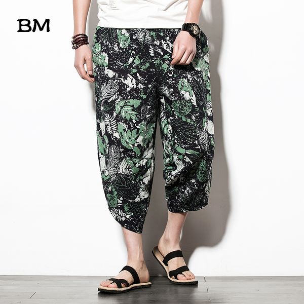 

2020 summer chinese style flower pants cropped trousers men fashion wide legs loose large size thin casual harem pants male, Black