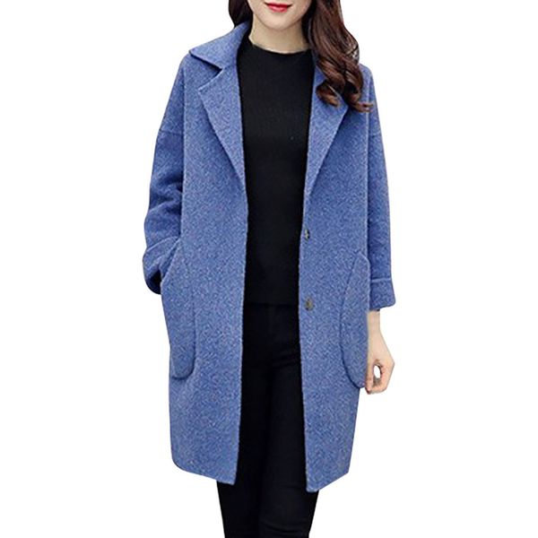 

chamsgend winter women coat 2019 casual lapel collar woolen female coat fashion warm pocket solid plus size long outwear 1004, Black