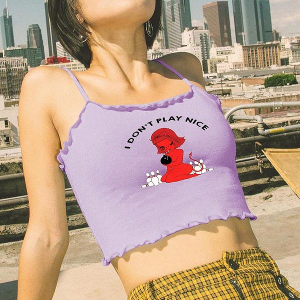 

women's evil angel print ruffled cropped camisole spaghetti strap tank ladies 2019 summer short tee camis female, White