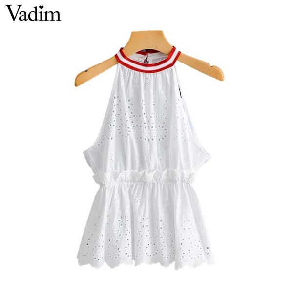 

vadim women elegant hollow out embroidery halter blouse sweet sleeveless transparent shirts sweet female chic summer wa328, White