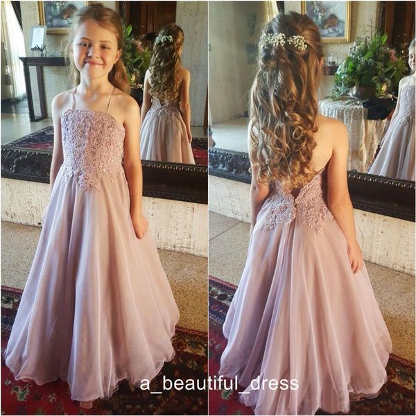 Dusty rosa Lace Flower Girl Dresses para o casamento Halter Backless Organza Andar de comprimento meninas Pageant Vestidos Crianças formal do partido vestidos FG1320