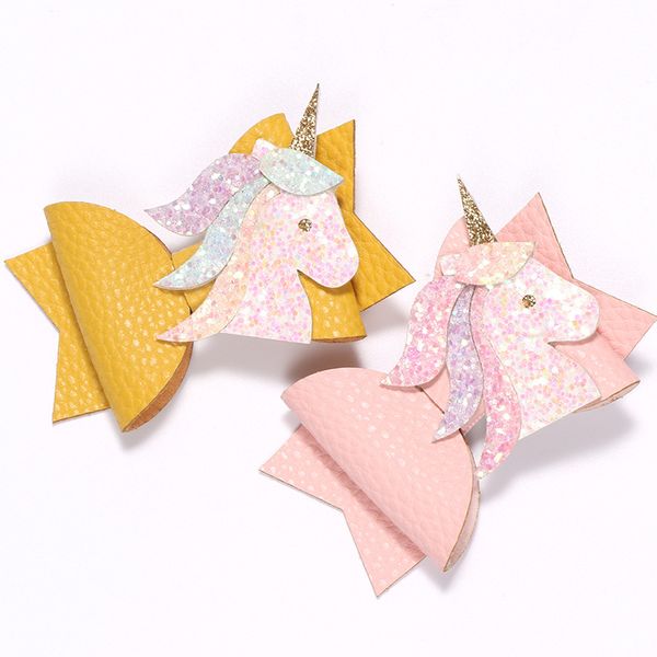 

boutique 10pcs fashion glitter cute unicorn bowknot hairpins solid leather bow hair clips princess headwear hair accessories, Slivery;white