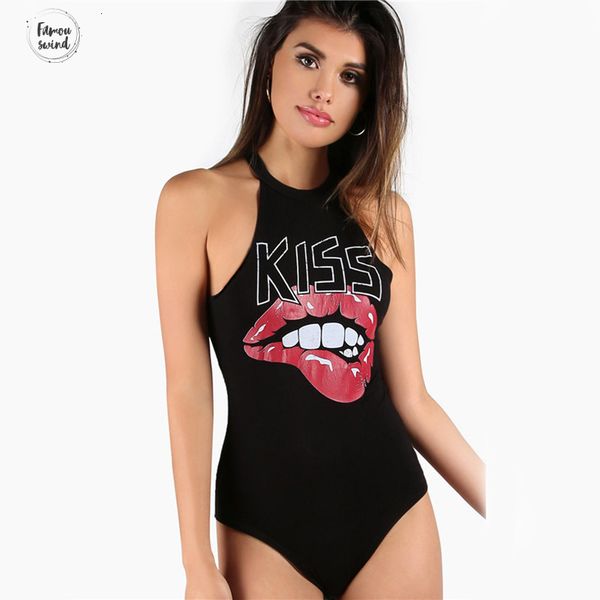

bodysuits kiss sleeveless racer summer black halter women skinny print bodysuit basic casual cute fashion bodysuit, Black;white