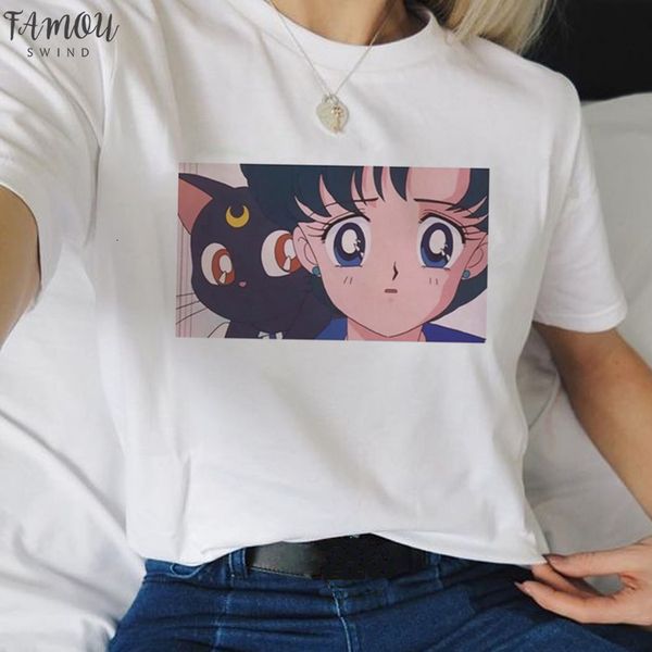 

sailor moon usagi harajuku kawaii cartoon t shirt women cute cat anime tshirt ullzang tshirt 90s graphic tees female, White