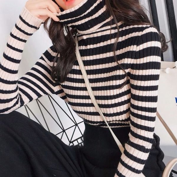 

fashion turtleneck long-sleeved sweater loose stripe autumn knitted pullover, White;black