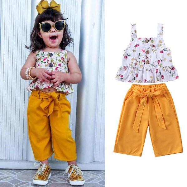 

toddler baby girl clothes floral sleeveless t shirt casual bow pants 2pcs children kids set 2020 summer clothing set 0-2y, White