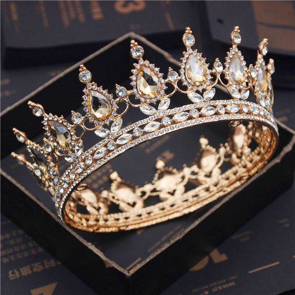 

baroque bride headpiece crystal queen king tiaras crowns bridal pageant diadem head ornament wedding hair jewelry accessories, Golden;white