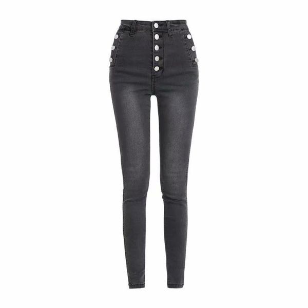 

ap2/035ti western style high-waisted double breasted washing faded buttock lifting slimming cowboy skinny pants, Blue