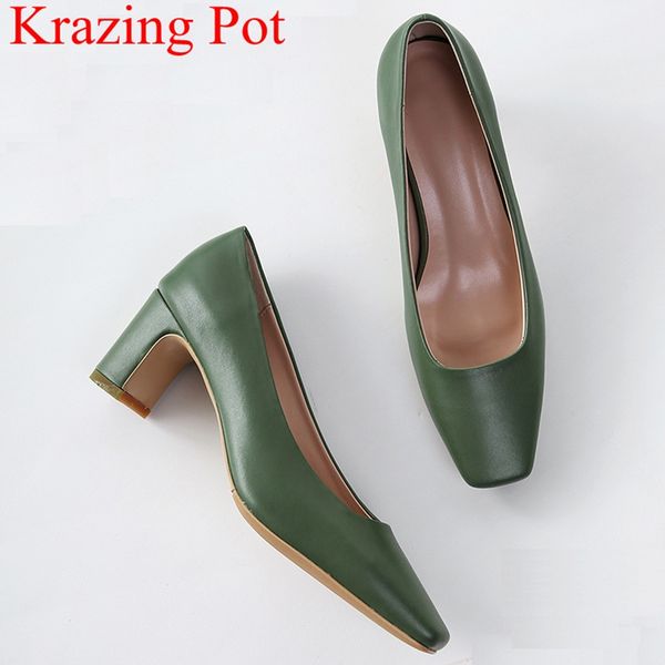 

2019 new arrival genuine leather square heels women pumps concise office lady elegant shallow slip on solid sweet work shoes l25, Black