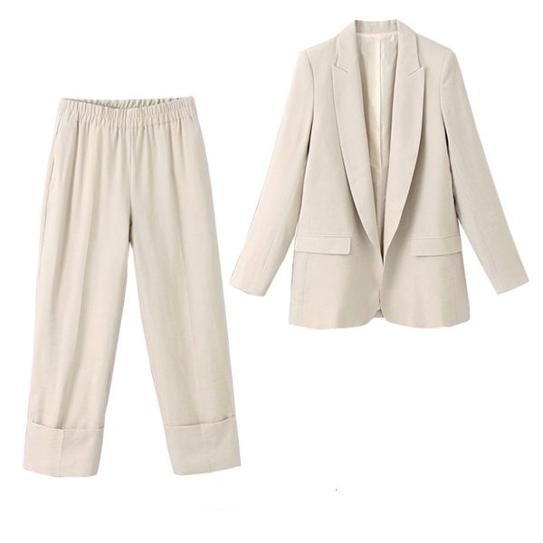 

women's suits & blazers solid two piece office wear suit blazer set women long sleeve jacket coat with high waist wige leg cuff trouser, White;black