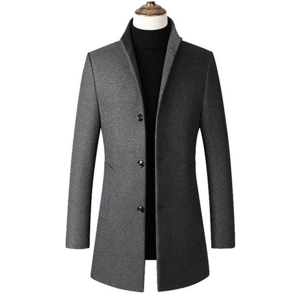 

new men's jacket business casual solid color wool jacket stand collar windbreaker slim men's coat, Black