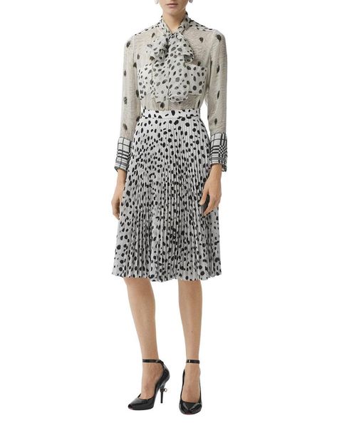 

runway animal-print tie-neck two pieces suits luxy bowknot shirts and dalmatian-print pleated skirts women sets suit holidays, White