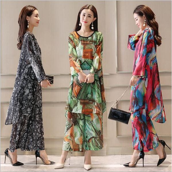 

women's two piece pants autumn summer retro literary printing plus size shirt + ankle-length large casual suit qv636, White