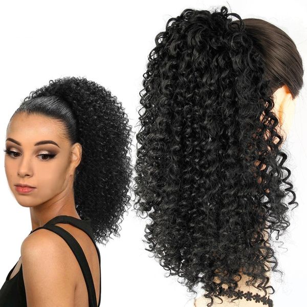 

kinky curly ponytail extension drawstring ponytail extensions long black color 140g human hair magic paste ponytail hair piece for women