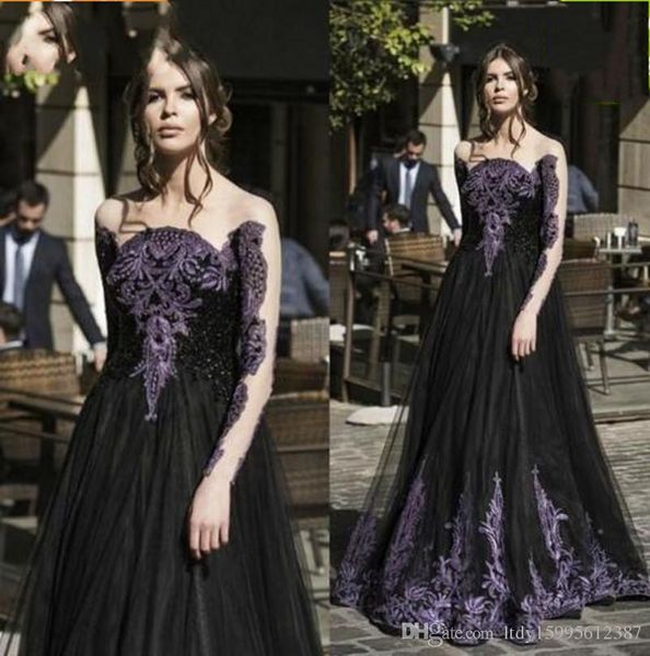 

gorgeous black and purple lace appliqued prom dresses 2019 illusion long sleeves tulle evening gowns floor length formal wear 573, Black;red