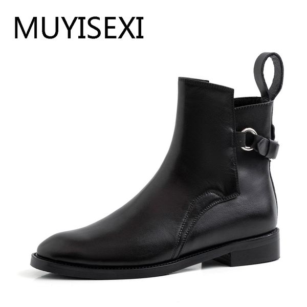 

full genuine leather 2.5cm chunky heel ankle boots women round toe boots black elegant women gladiator af10 muyisexi