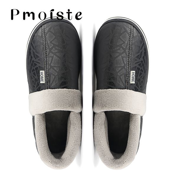 

winter slippers men large size 6-15 soft non-slip warm home slippers for men plush waterproof leather nice tide, Black