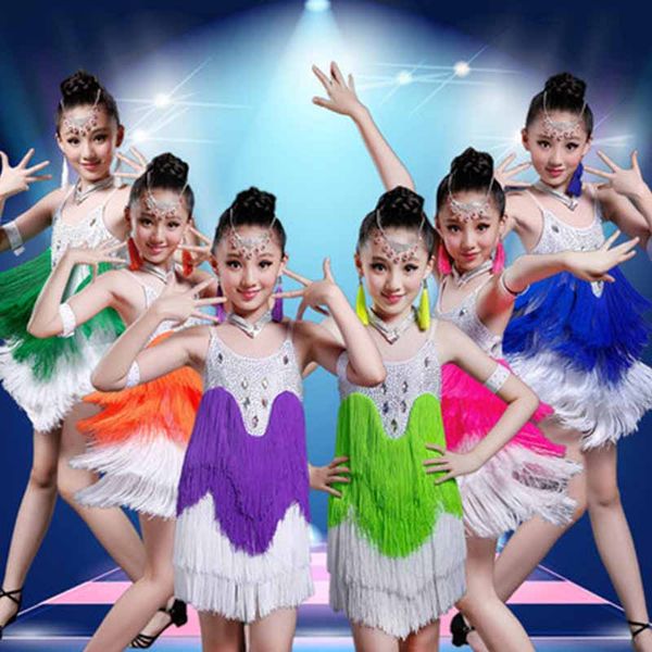 

girls latin dance dress children kids fringe bright drill upscale latin dance dresses competition performance dress py164, Black;red