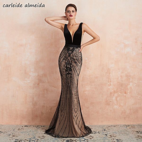 

v-neck back mermaid evening party dress sweep train black prom dresses